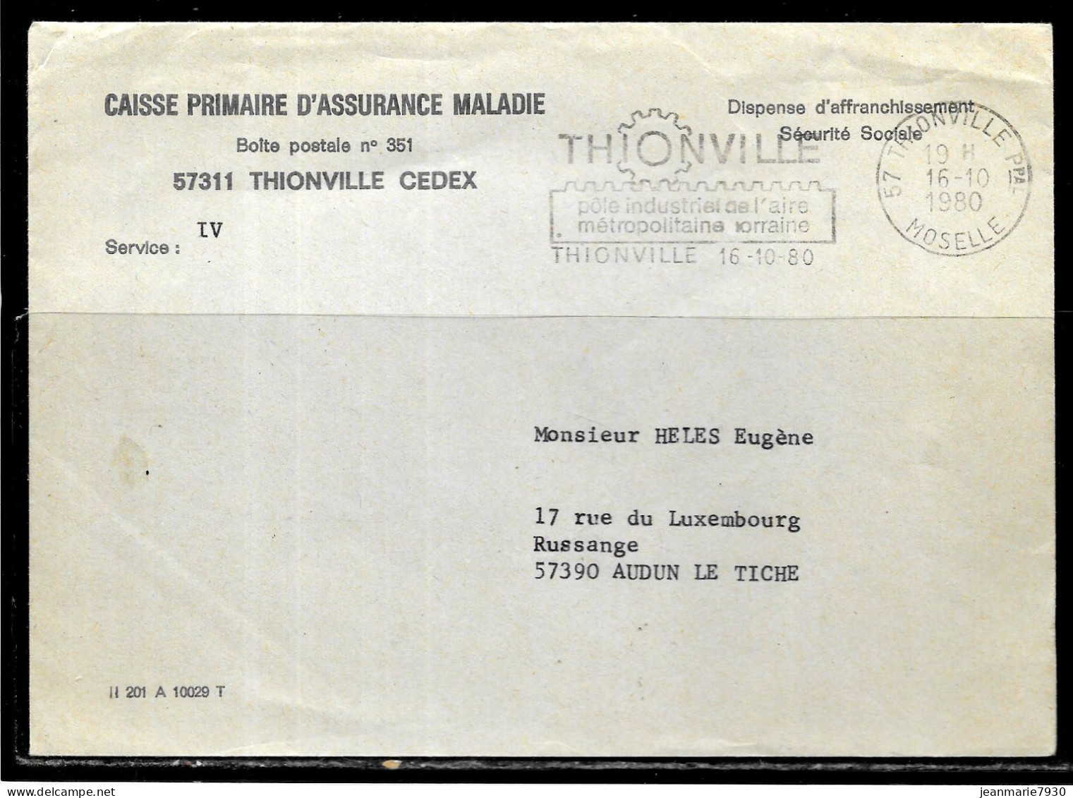 P246 - LETTRE EN FRANCHISE DE THIONVILLE DU 16/10/80 - CPAM - FLAMME - Civil Frank Covers
