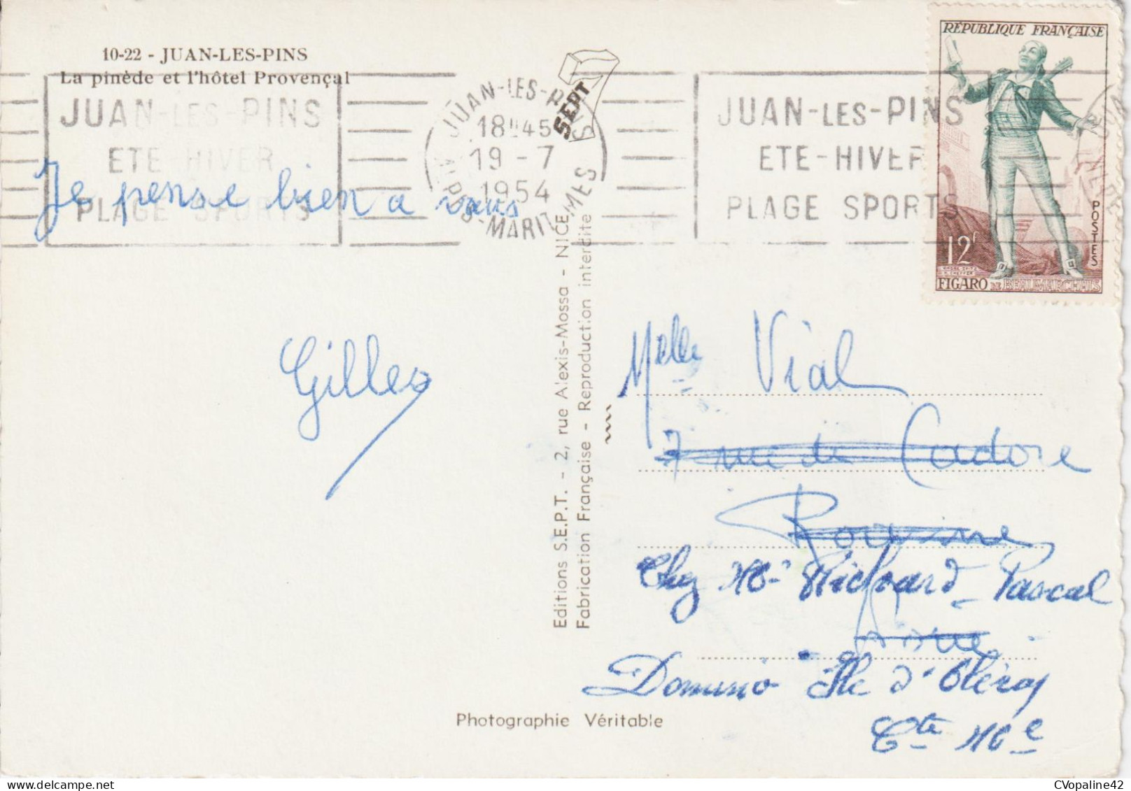 JUAN-LES-PINS (06) La Pinède Et L'Hôtel Provençal En 1954 (Beau Plan Voitute VW Coccinelle) - Juan-les-Pins