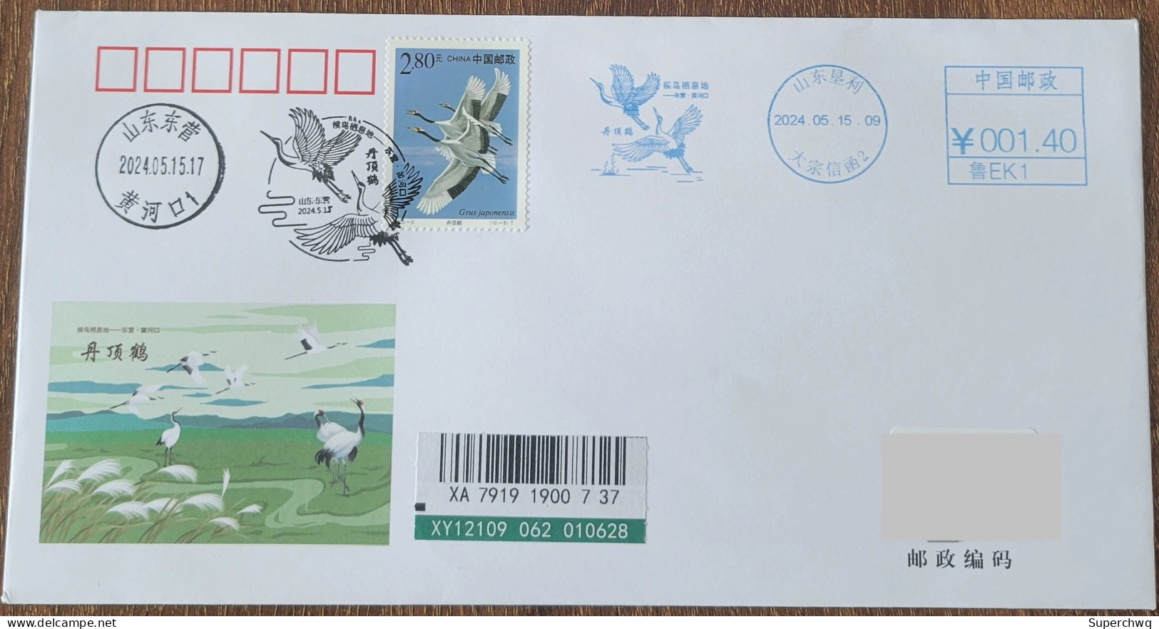 China Cover "Red Crowned Crane" (Kenli, Shandong) Postage Stamp First Day Actual Sent Art Seal - Postcards