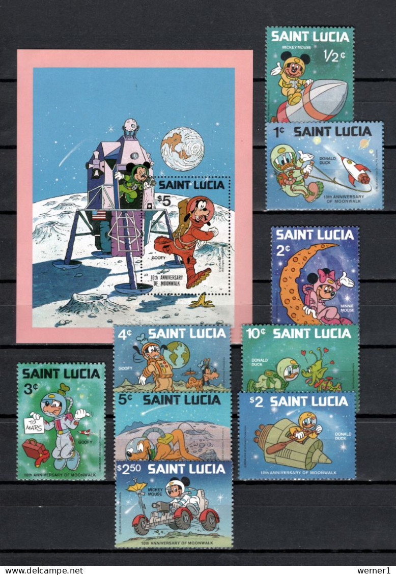 St. Lucia 1980 Space, Walt Disney, Apollo 11 Moonlanding 10th Anniversary Set Of 9 + S/s MNH - Amérique Du Nord