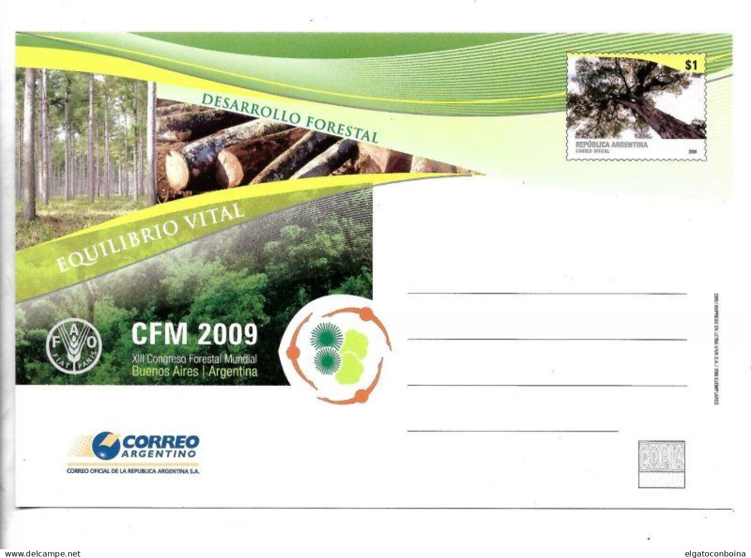 ARGENTINA 2009 FOREST DEVELOPMENT TREES FAO POSTCARD POSTAL STATIONERY FORESTRY - Postal Stationery