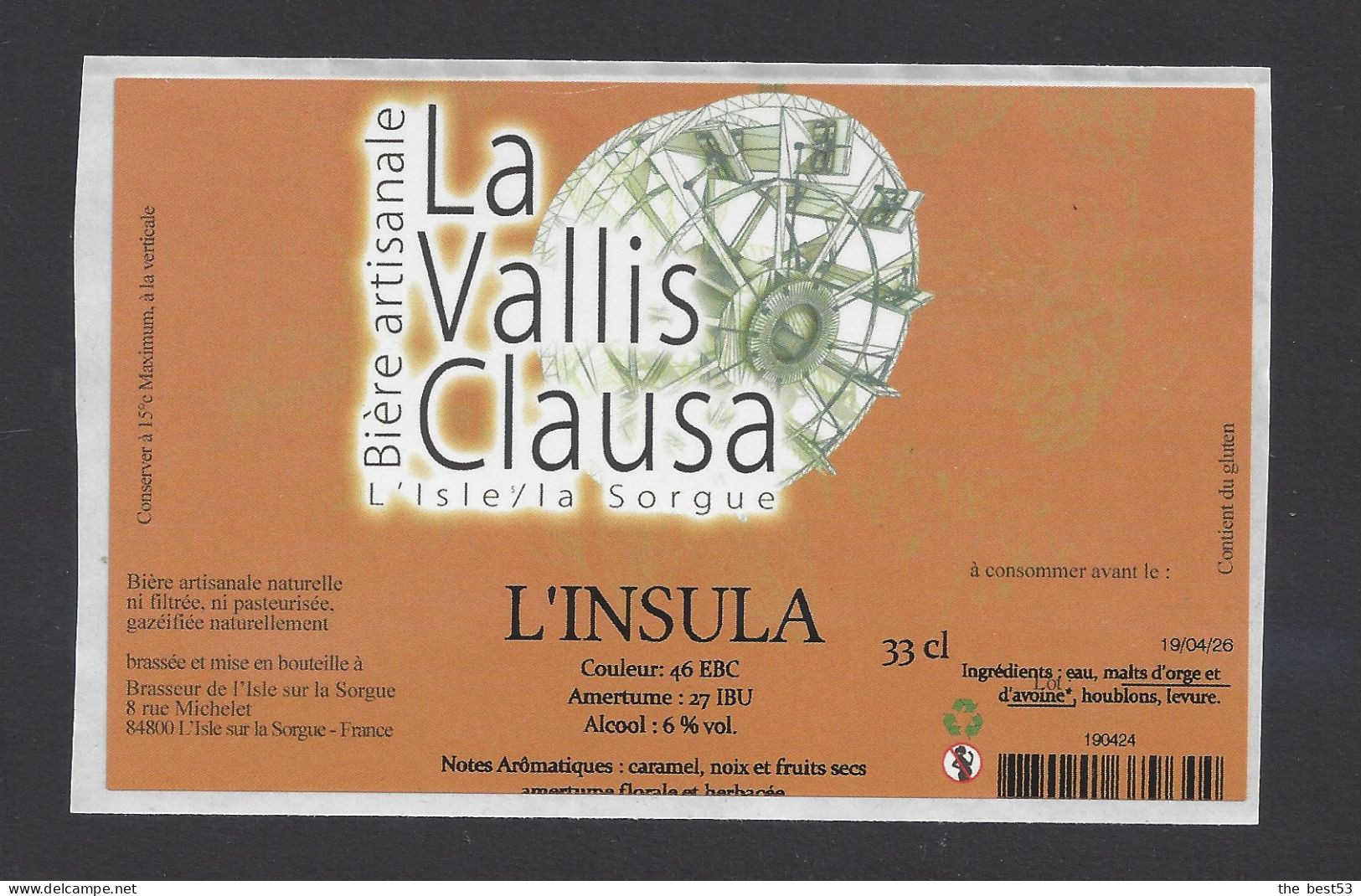 Etiquette De Bière L'Insula  -  La Vallis Clausa  -  Brasserie  De L'Isle Sur La Sorgue (84) - Bière