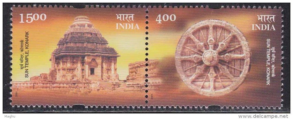 India MNH 2001, Se-tenent, Konark Sun God Temple, (Black Pagoda) Astronomy,   Wheel, UNESCO  Heritage Architecture - Unused Stamps