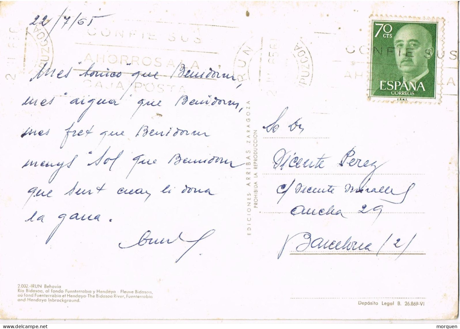 55153. Postal IRUN (Guipuzcoa) 1965. Vista IRUN, Behovia, Rio Bidasoa - Lettres & Documents