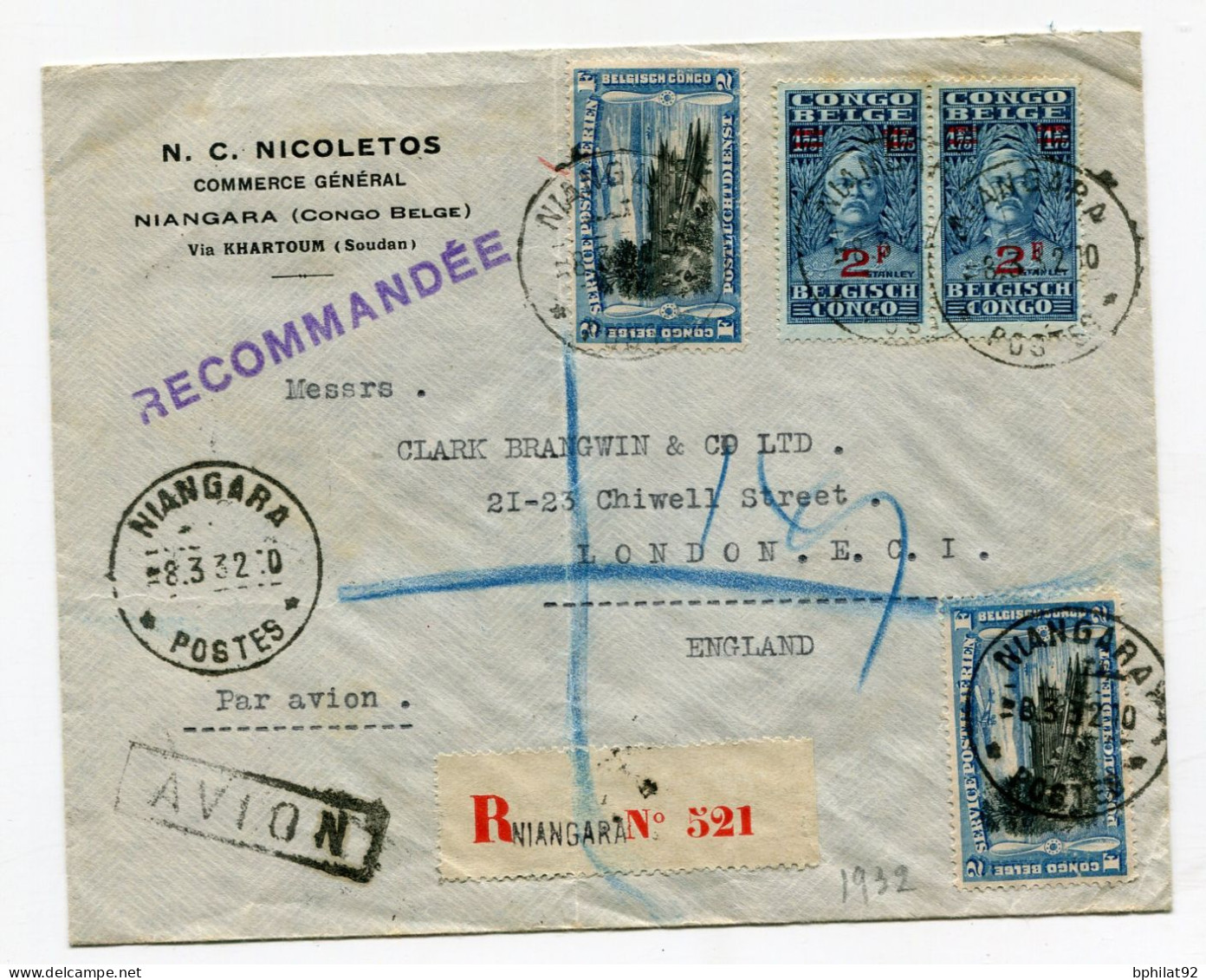 !!! CONGO BELGE, LETTRE RECOMMANDEE PAR AVION DE NIANGARA DE 1932 POUR LONDRES - Briefe U. Dokumente