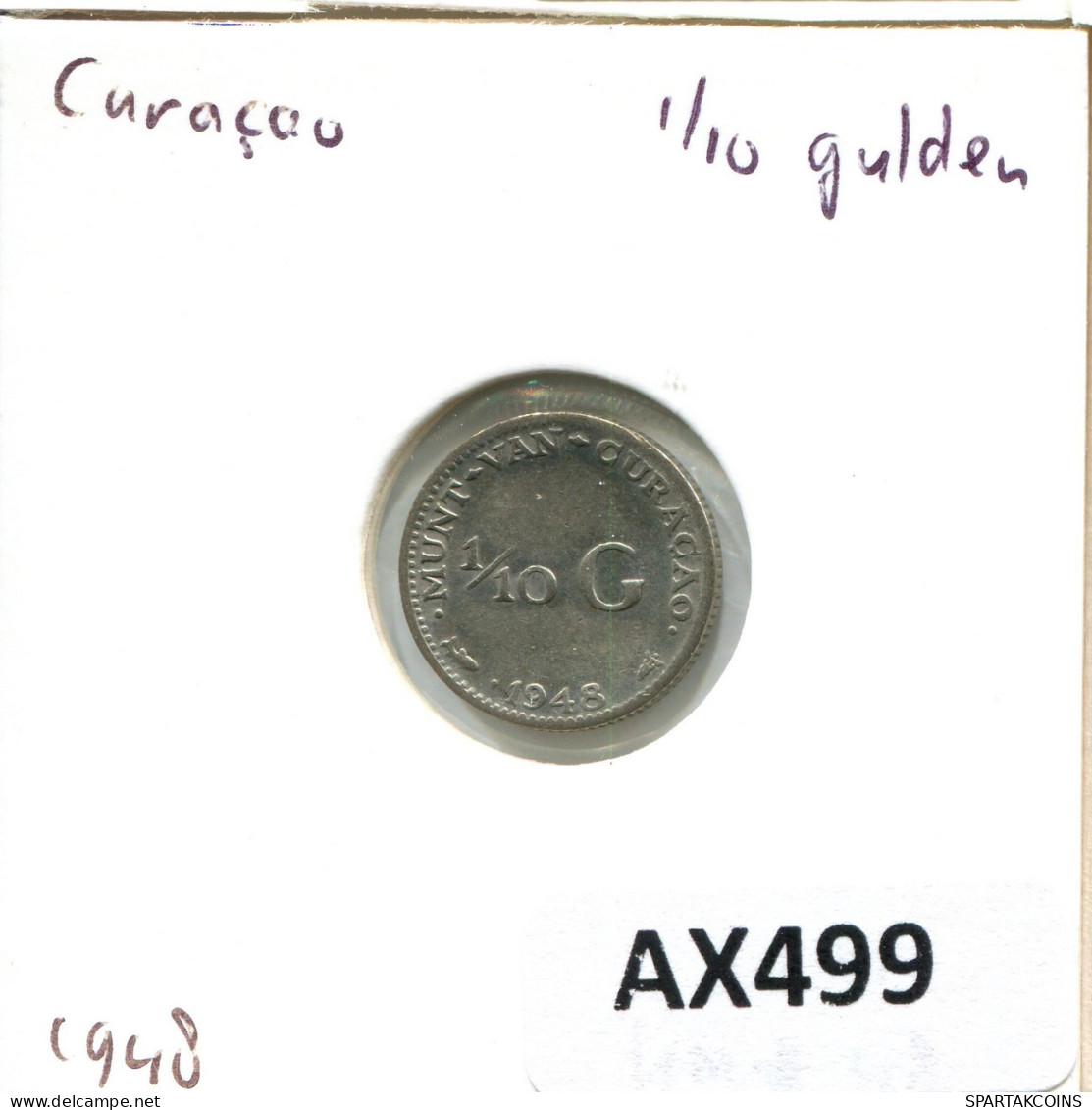 1/10 GULDEN 1948 CURACAO SILVER Coin #AX499.U.A - Curaçao