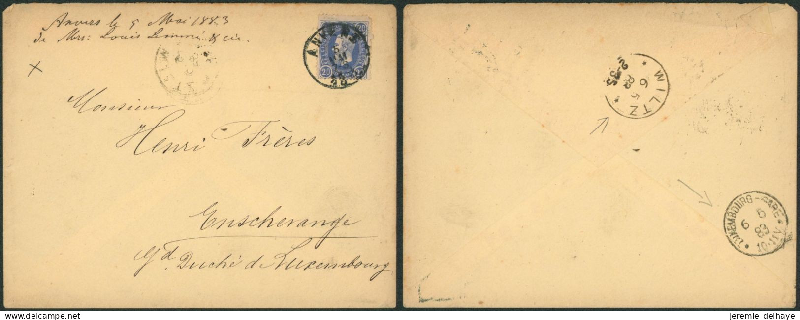 émission 1869 - N°31 Sur Lettre Obl Simple Cercle "Anvers" (1883) > Enscherange (Gd. Luxembourg) / Tarif Préférentiel. - 1869-1883 Léopold II