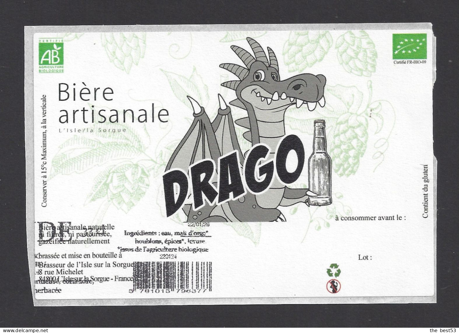 Etiquette De Bière  -  Drago  -  Brasserie  De L'Isle Sur La Sorgue (84) - Bier