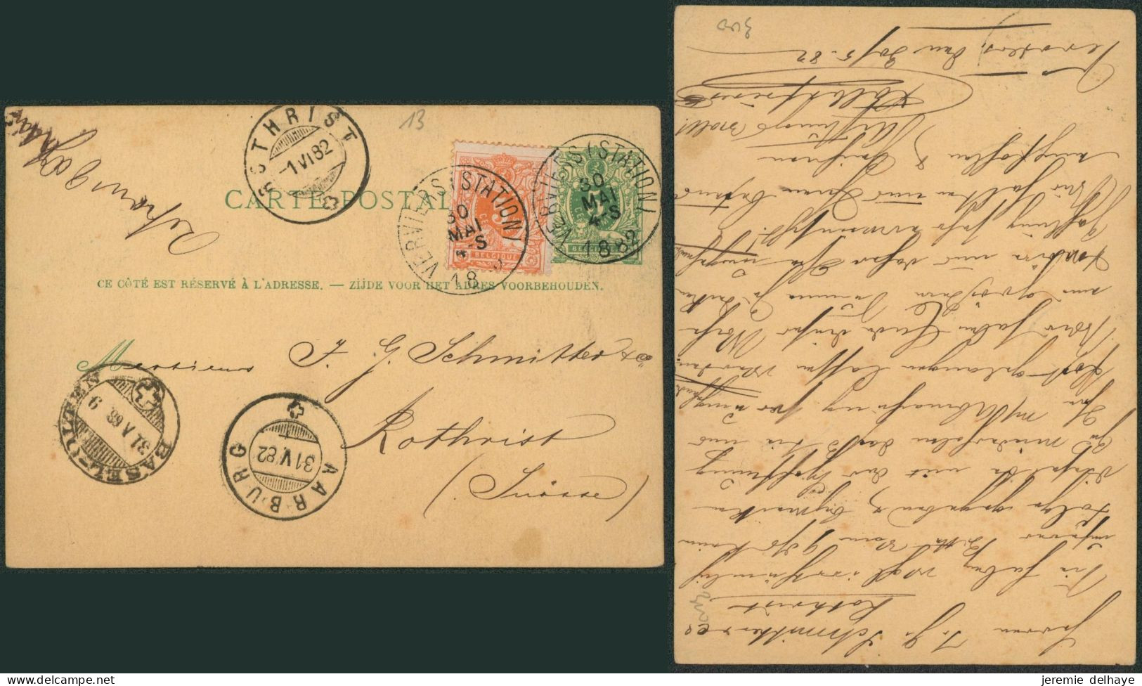 EP Au Type 5ctm Vert + N°28 Obl Simple Cercle "Verviers (station)" > Rothrist (Suisse) - Cartes Postales 1871-1909