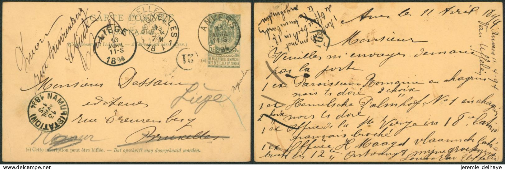 EP Au Type 5ctm Vert Obl Simple Cercle "Anvers" > Bruxelles Suivi Namur Puis Liège / Note Du Facteur. - Cartes Postales 1871-1909
