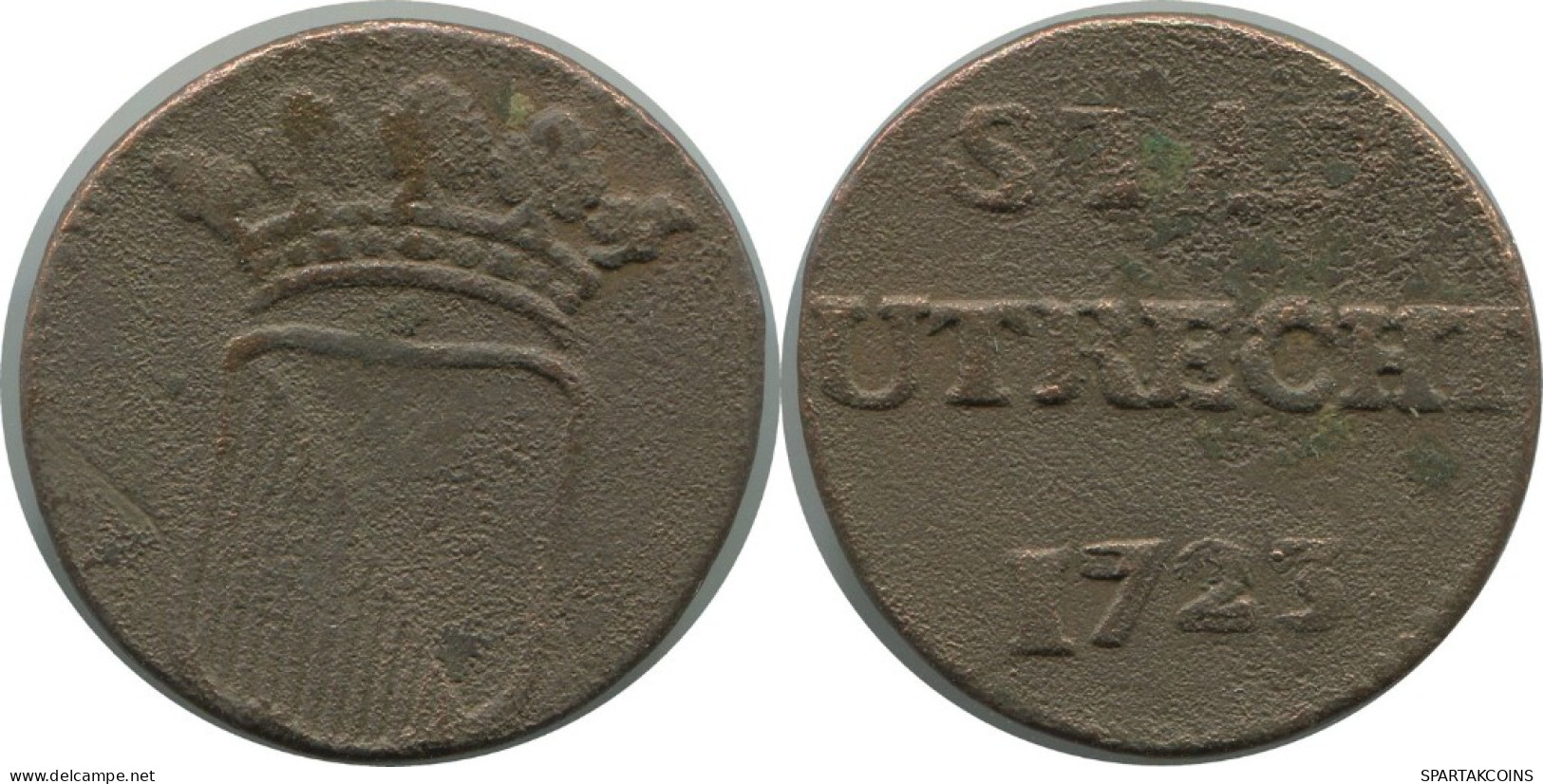 1723 UTRECHT 1 DUIT DUTCH REPUBLIC (NETHERLANDS) COLONIAL PENNY #AE841.27.U.A - Dutch East Indies