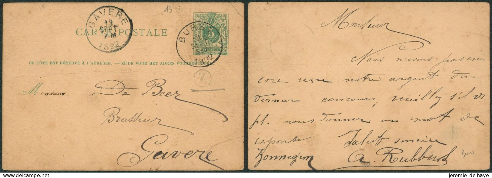 EP Au Type 5ctm Vert Obl Simple Cercle "Burst" + Boite Rurale "Z" (Zonnegem) > Gavere / Léger Pli - Cartoline 1871-1909