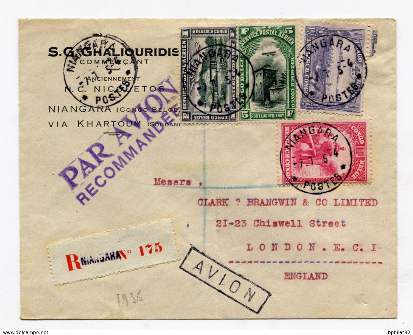 !!! CONGO BELGE, LETTRE RECOMMANDEE PAR AVION DE NIANGARA DE 1935 POUR LONDRES - Lettres & Documents