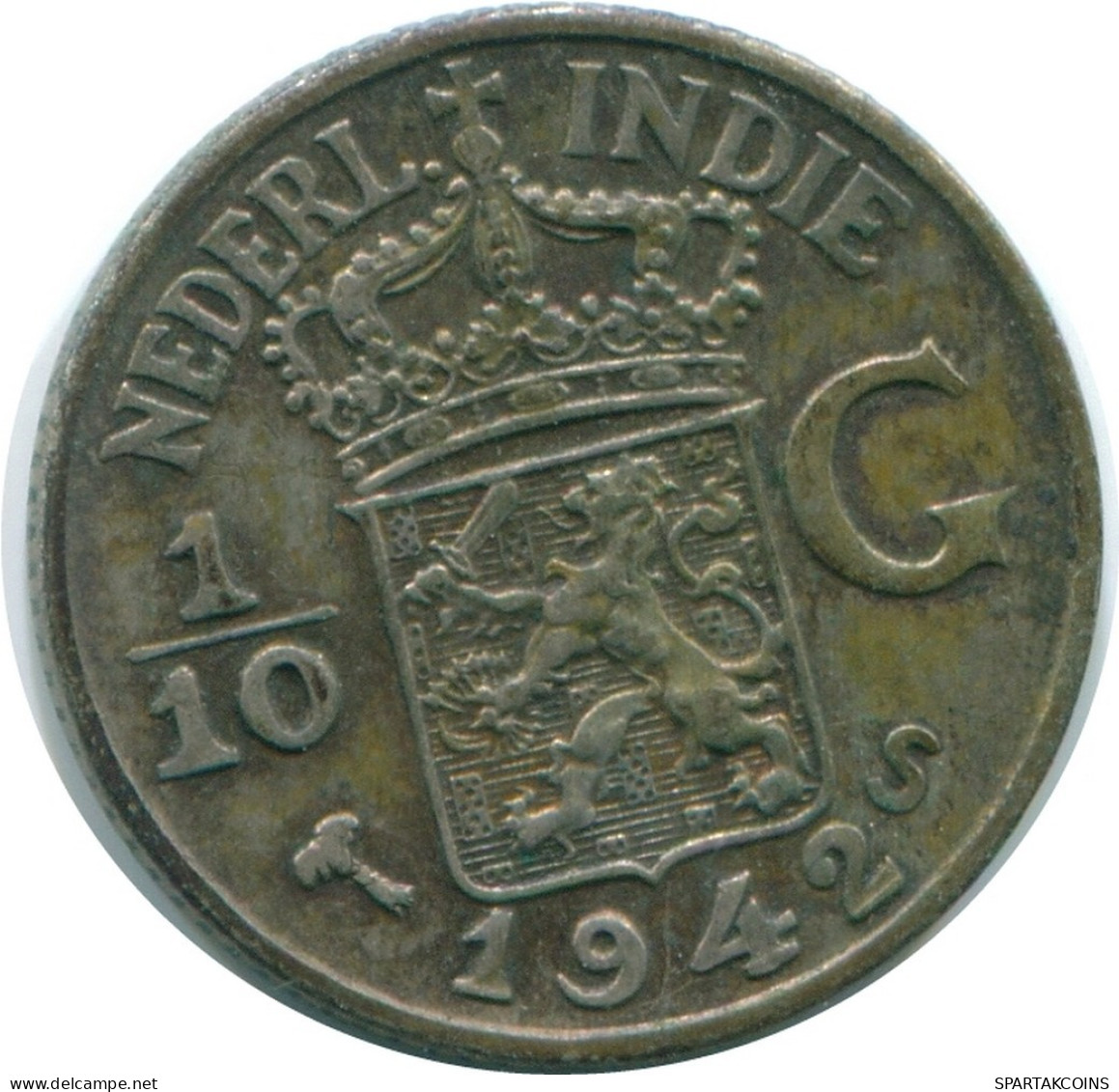 1/10 GULDEN 1942 INDES ORIENTALES NÉERLANDAISES ARGENT Colonial Pièce #NL13885.3.F.A - Dutch East Indies
