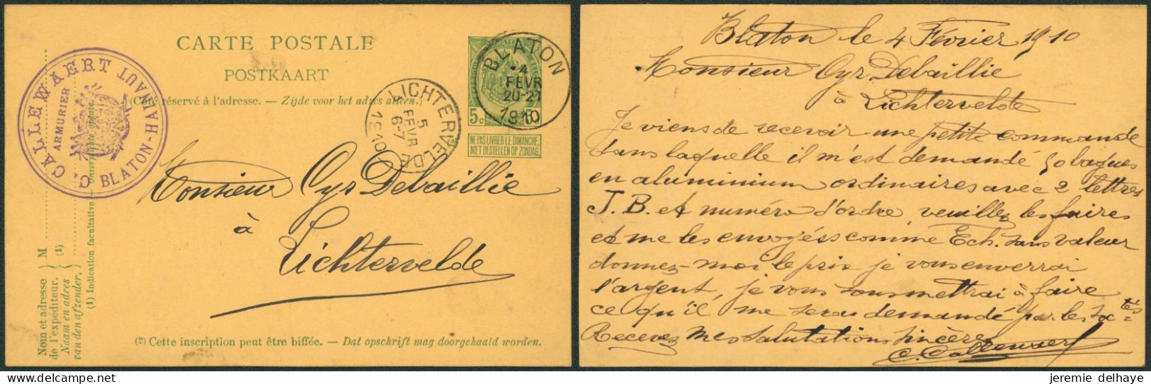 EP Au Type 5ctm Vert Obl Simple Cercle "Blaton" > Lichtervelde / Cachet Privé "Armurier". Luxe ! - Cartes Postales 1909-1934
