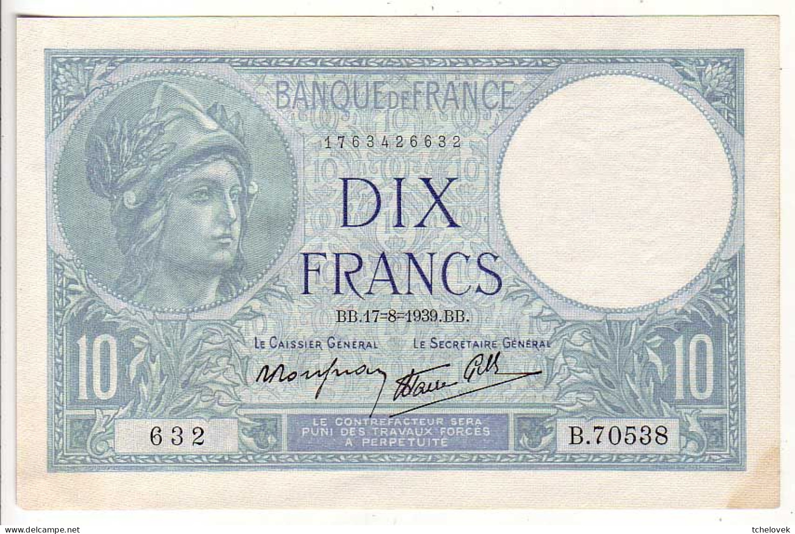 (Billets). France. 10 Fr Minerve 17.08.1939 SPL. Mus 145d - 10 F 1916-1942 ''Minerve''