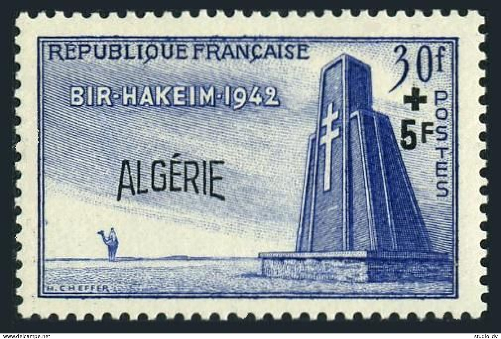 Algeria B66, Hinged. Mi 313. The Defense Of Bir-Hakeim, 10th Ann,1952. Monument. - Algeria (1962-...)