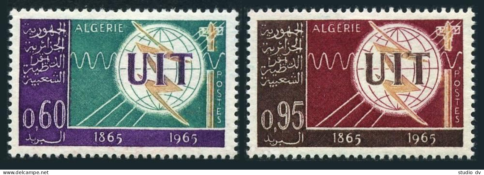 Algeria 339-340, MNH. Michel 439-440. ITU-100, 1965. Emblem. - Algeria (1962-...)