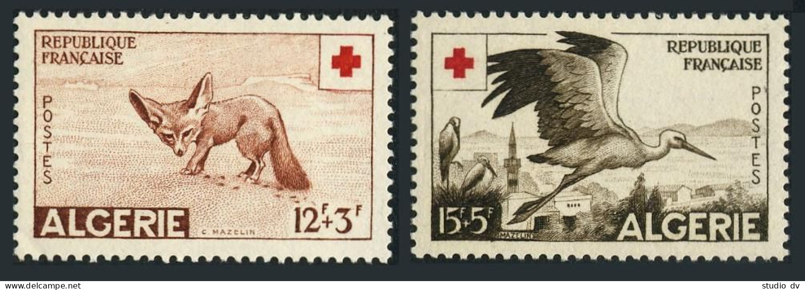 Algeria B88-B89, Lightly Hinged. Michel 365-366. Red Cross 1957: Fennec, Stork. - Algeria (1962-...)