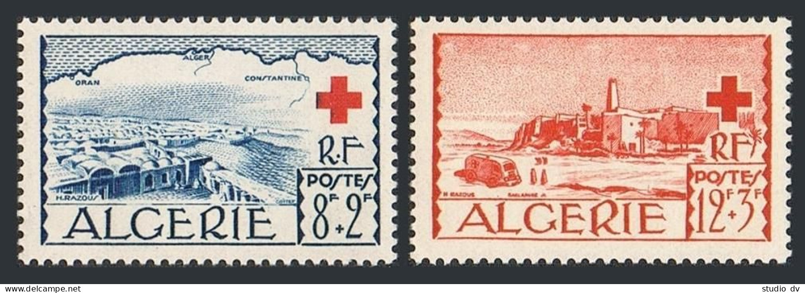 Algeria B67-B68, Lightly Hinged. Red Cross 1952. View Of El Oued. Map, Truck. - Algerien (1962-...)