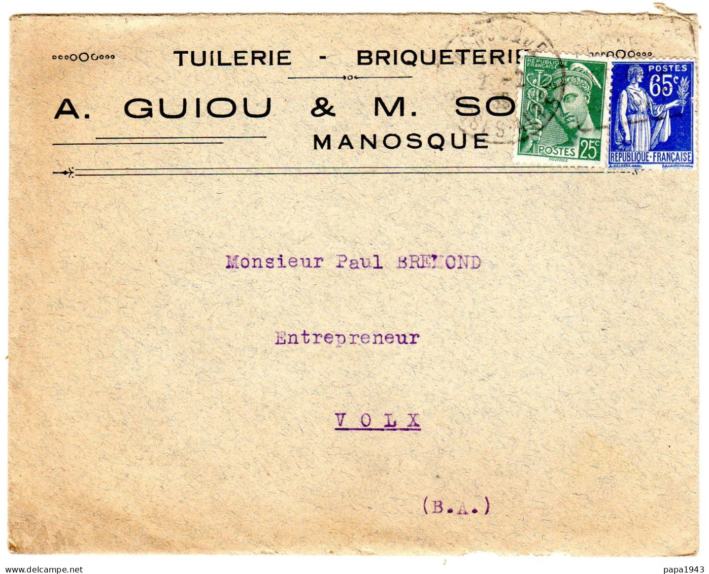 1939  "  A GUIOU & SOULET  Tuilerie - Briqueterie "  Envoyée à VOLX - Lettres & Documents
