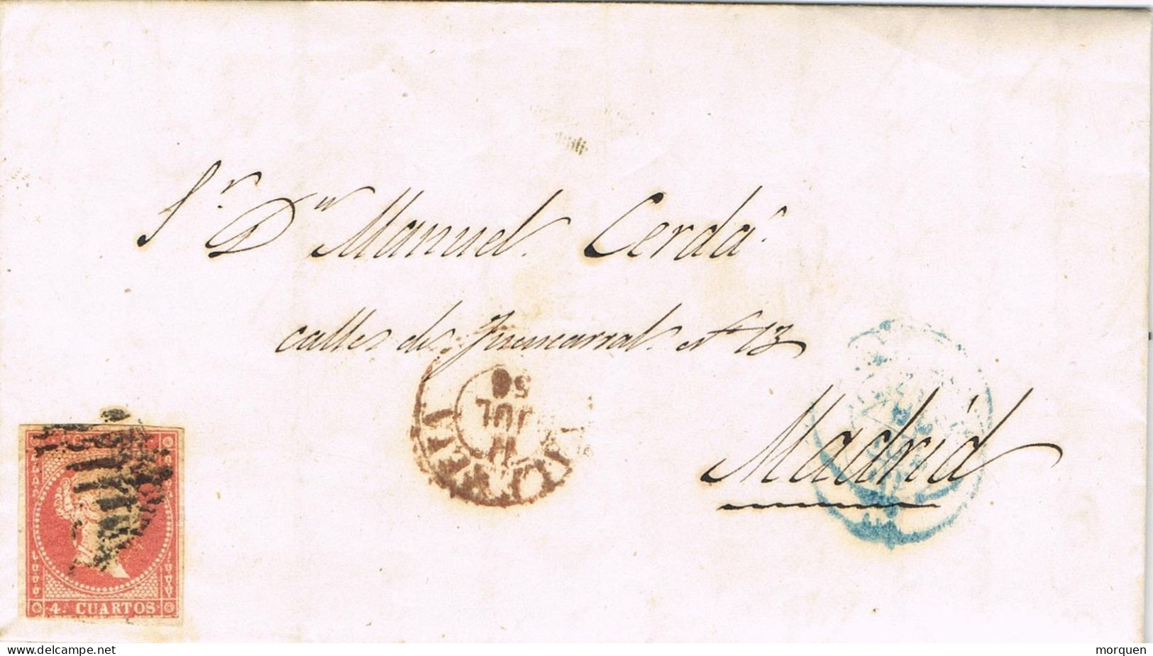 55158. Carta Luto Entera VALENCIA 1856, 4 Cuartos Filigrana Lineas Cruzadas. Fechador Rojo Tipo I - Covers & Documents