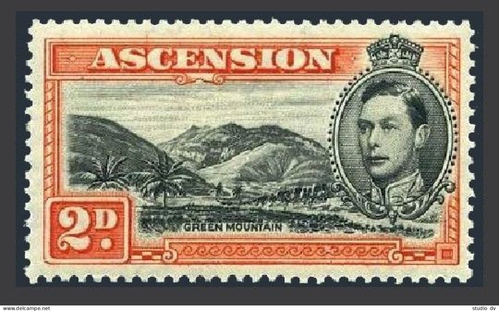 Ascension 43b Perf 13 1/2, Hinged. Mi 44aA. George VI, 1944. Green Mountains. - Ascensión