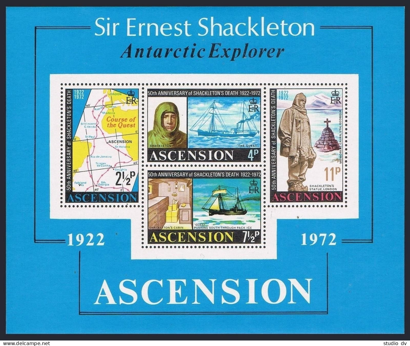 Ascension 163a, Hinged. Sir Ernest Shackleton, Map,Ship.Antarctic Explorer, 1972 - Ascension