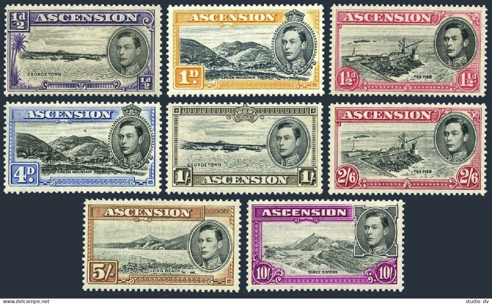 Ascension 40, 41A, 42, 44B, 46-49, Hinged. George VI, 1944. View Of Georgetown, - Ascension