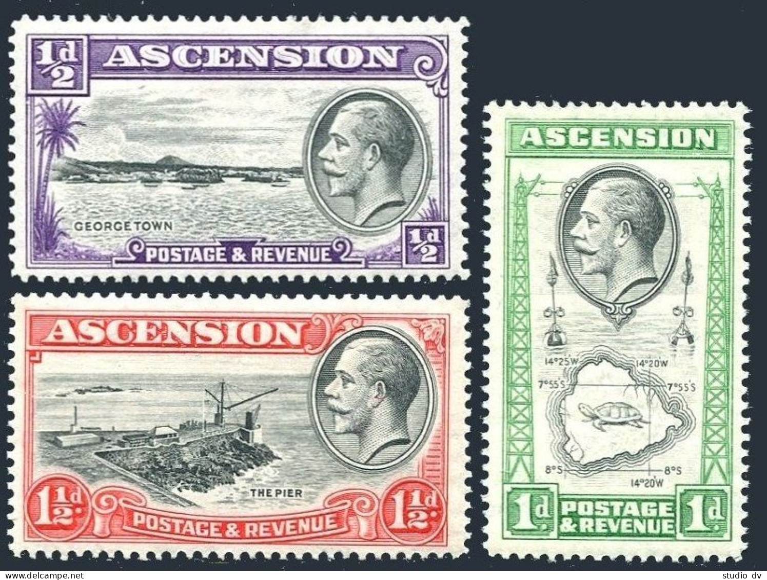 Ascension 23-25, Hinged. Michel 22-24. George V, 1934. Views, Map-turtle, Bird. - Ascension