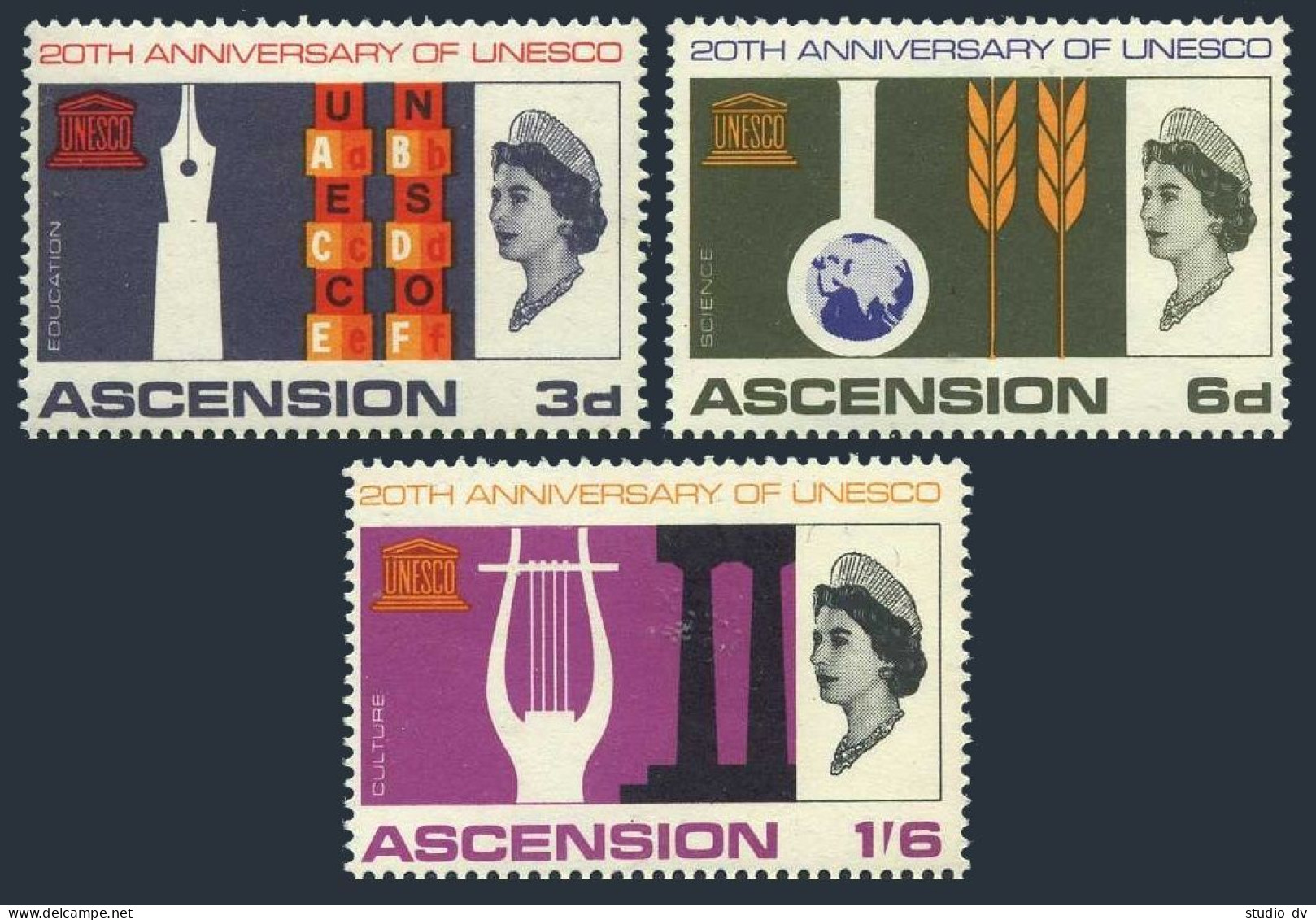 Ascension 108-110, Hinged. UNESCO-20, 1967. Education, Science, Culture. - Ascension