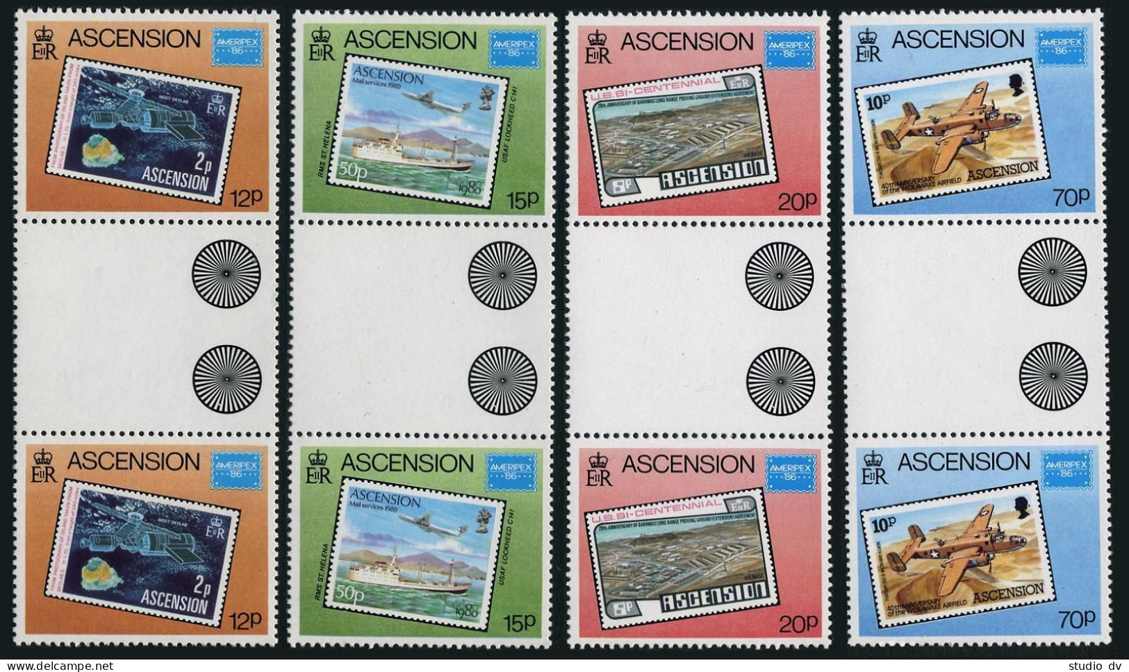 Ascension 394-397 Gutter, 398, MNH. AMERIPEX-1986. Stamp On Stamp,Ships,USA-200, - Ascension