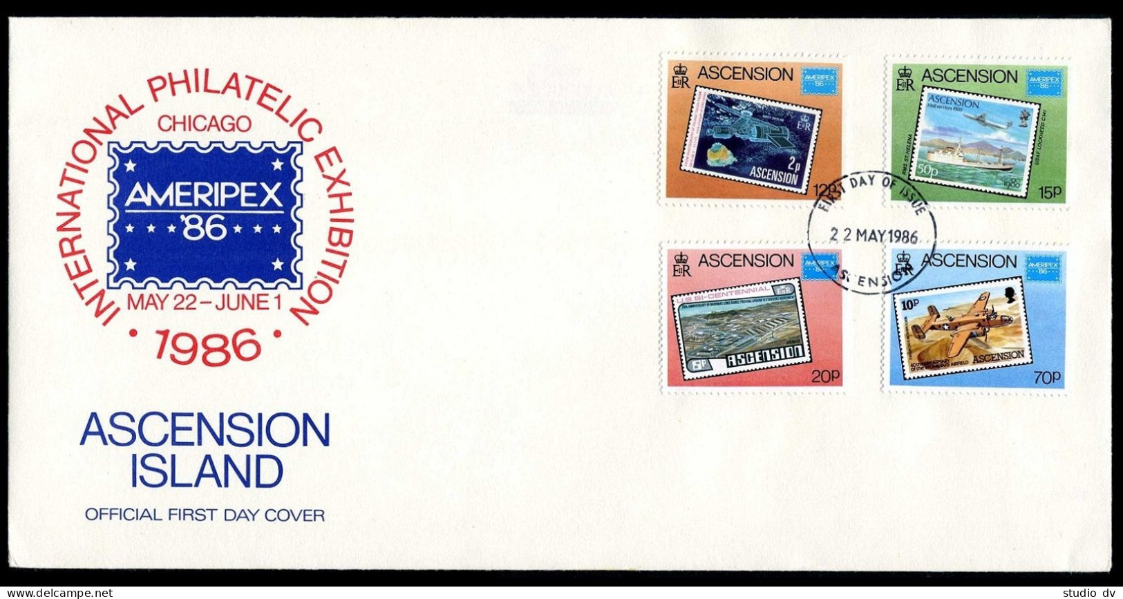Ascension 394-397 FDC.Michel 403-406. AMERIPEX-1986.Stamp On Stamp.Space,Ship, - Ascension