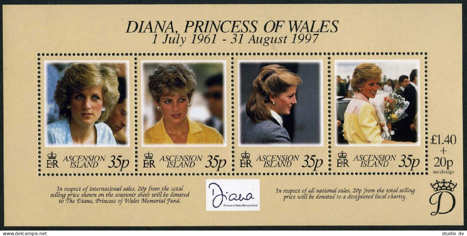 Ascension 696 Ad Sheet, MNH. Mi 751-754 Bl.33. Diana, Princess Of Wales, 1998. - Ascension