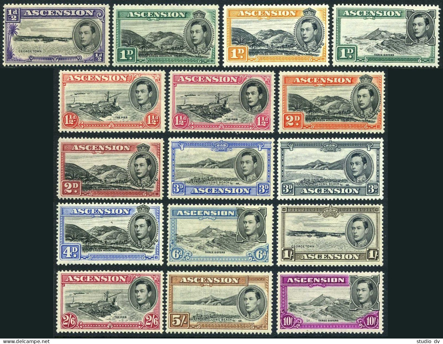 Ascension 40-49 With A, B, MNH. Mi 39-52,43c,44b. George VI, 1944-1953. Views. - Ascension