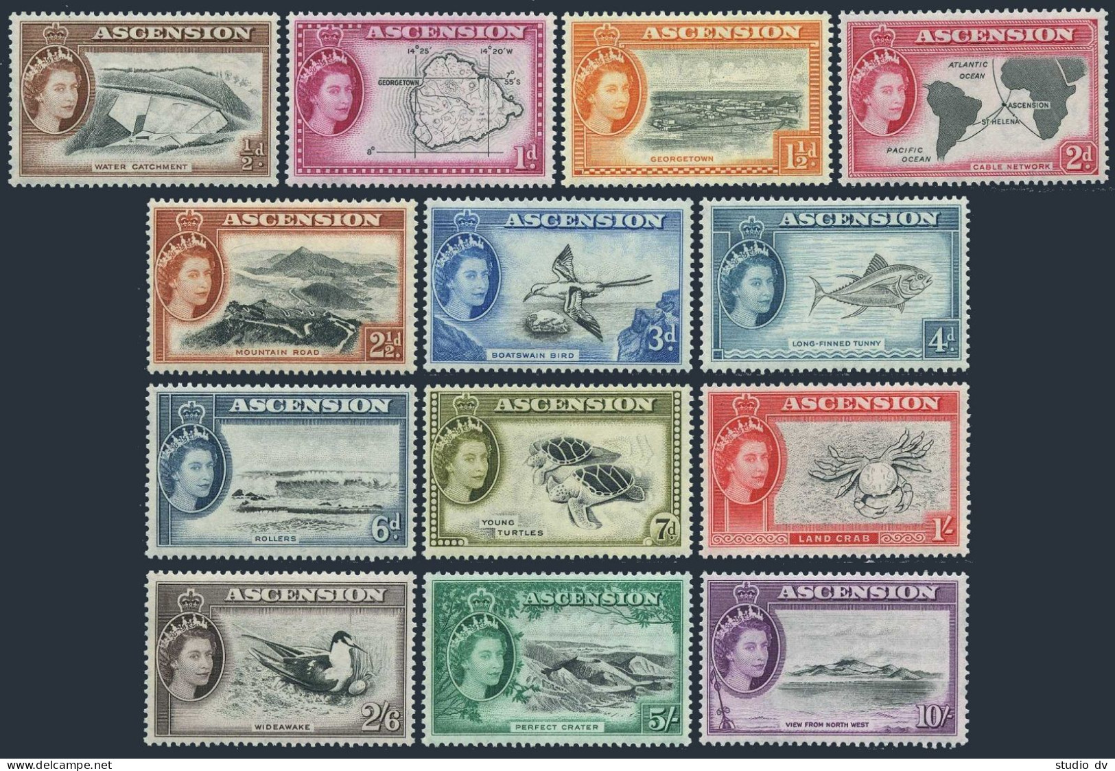 Ascension 62-74,MNH.Michel 62-74. QE II Definitive 1956.Views,Birds,Tuna,Turtles - Ascension