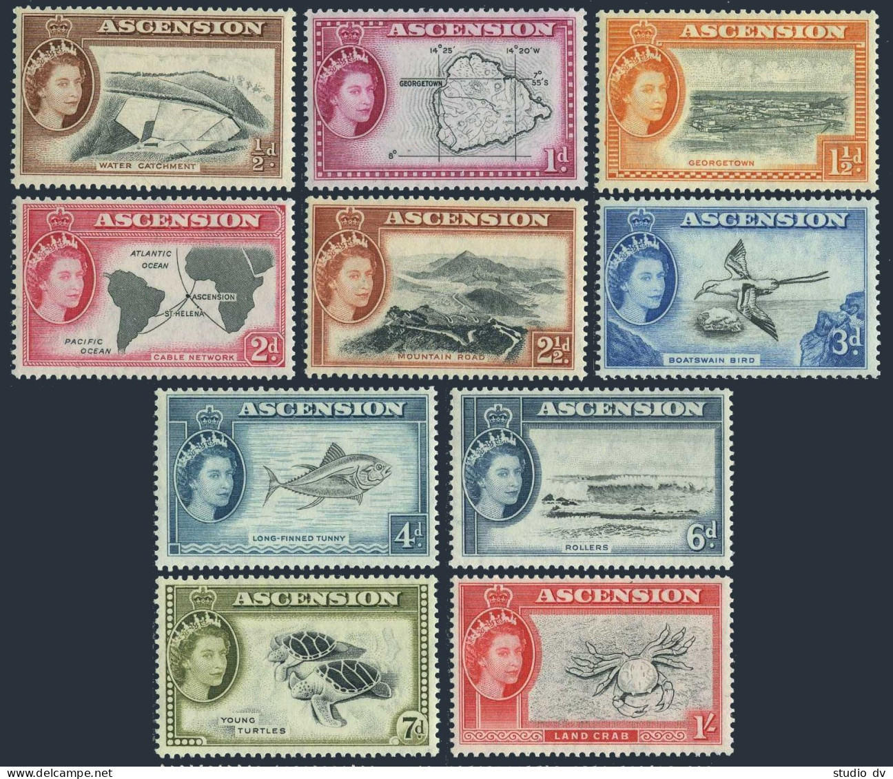 Ascension 62-71,MNH.Michel 62-71. QE II,1956.Tuna,Map,Tropic Bird,Turtles,Crab. - Ascension
