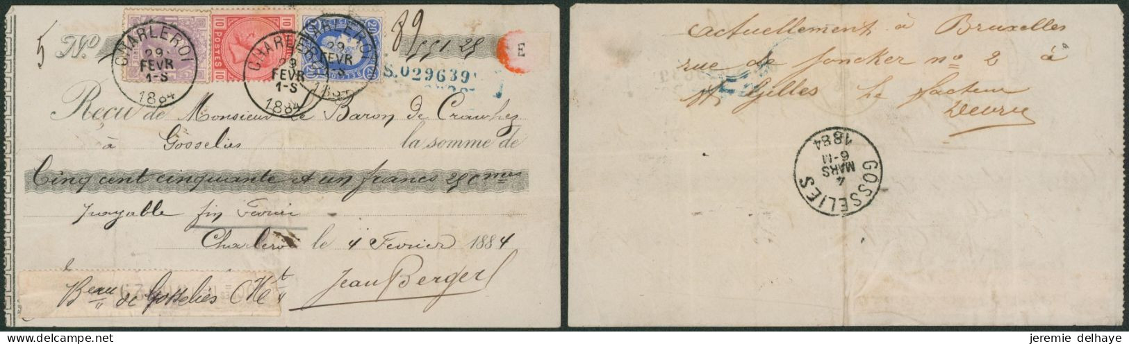 Affranch. Tricolore çàd N°31, 36 Et 38 ! Sur Reçu D'une Valeur De 551,25F Obl S.C. "Charleroi" (1884) - 1883 Léopold II