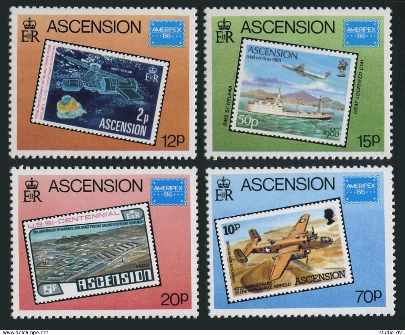 Ascension 394-398,MNH.Michel 403-406,Bl.16. AMERIPEX-1986.Ship,Helicopter,Map. - Ascension