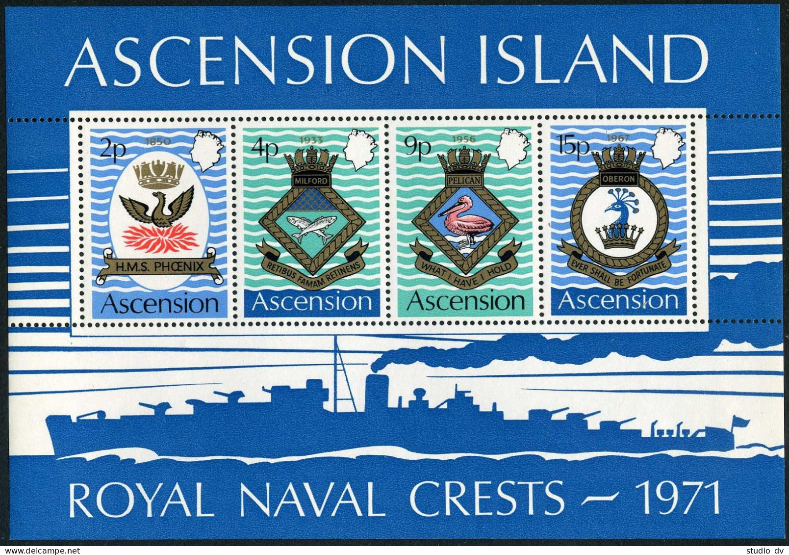 Ascension 155a, MNH. Mi Bl.3. Royal Naval Crests 1971. Phoenix, Milford,Pelican, - Ascension