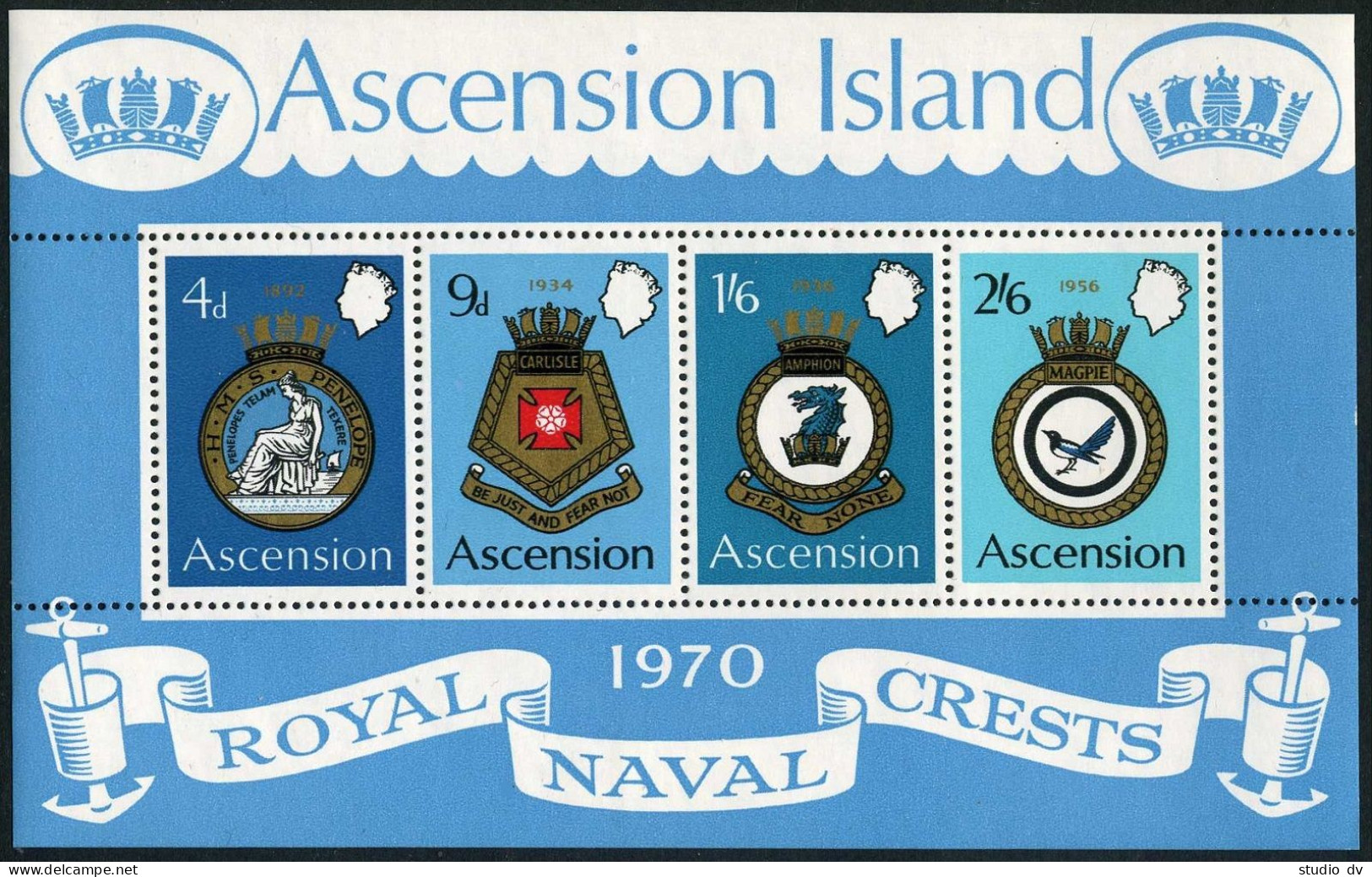 Ascension 137a Sheet, MNH. Mi Bl.2. Naval Arms 1970.HMS Penelope,Magpie,Amphion, - Ascension (Ile De L')