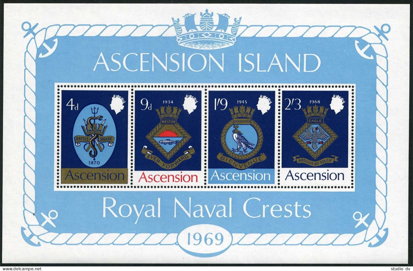 Ascension 126-129,129a, MNH. Mi 126-129,Bl.1. Naval Arms 1969. Eagle,Snake,Fish. - Ascensione