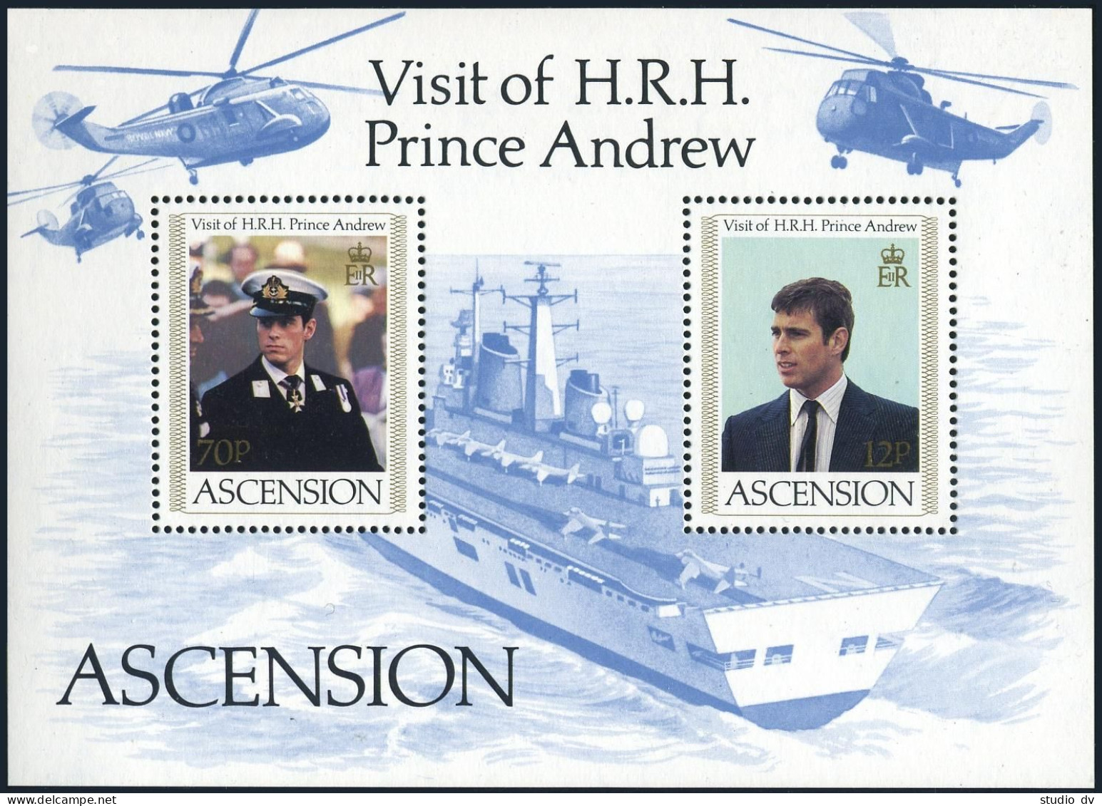 Ascension 349 Sheet,MNH.Michel Bl.14. Prince Andrew,visit 1984.Ship,Helicopter. - Ascension