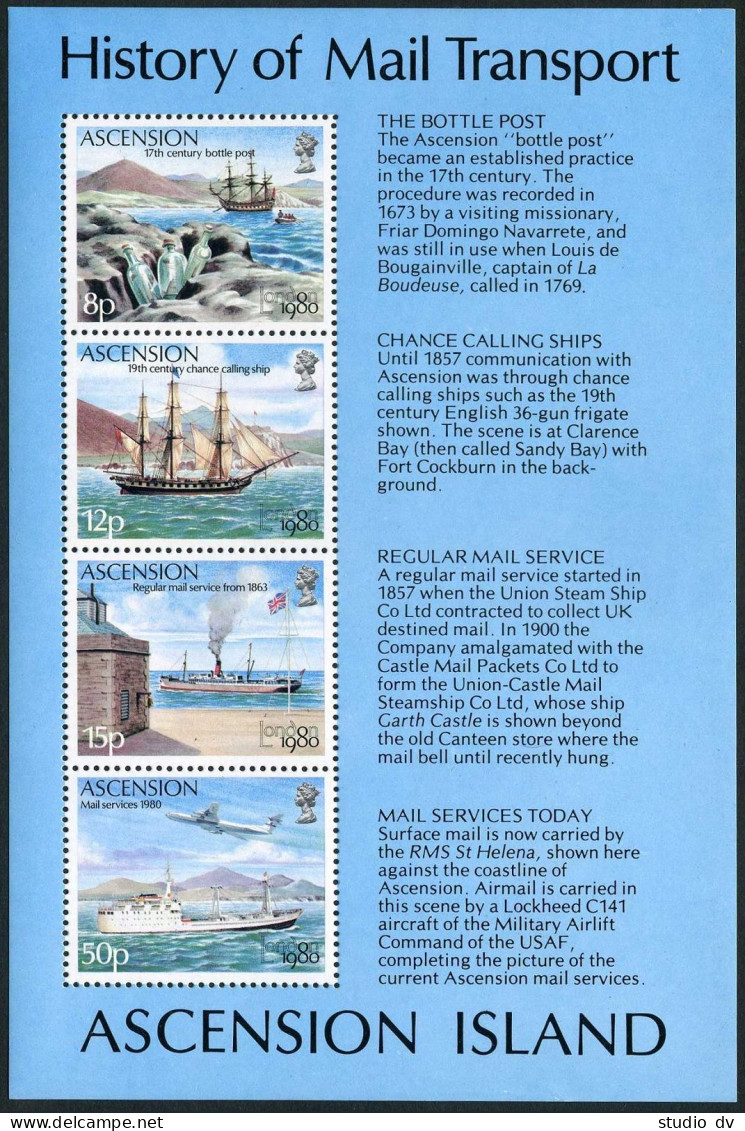 Ascension 260a Sheet,MNH.Michel Bl.11 LONDON-1980.Bottle Post,Ships,Plane. - Ascension (Ile De L')