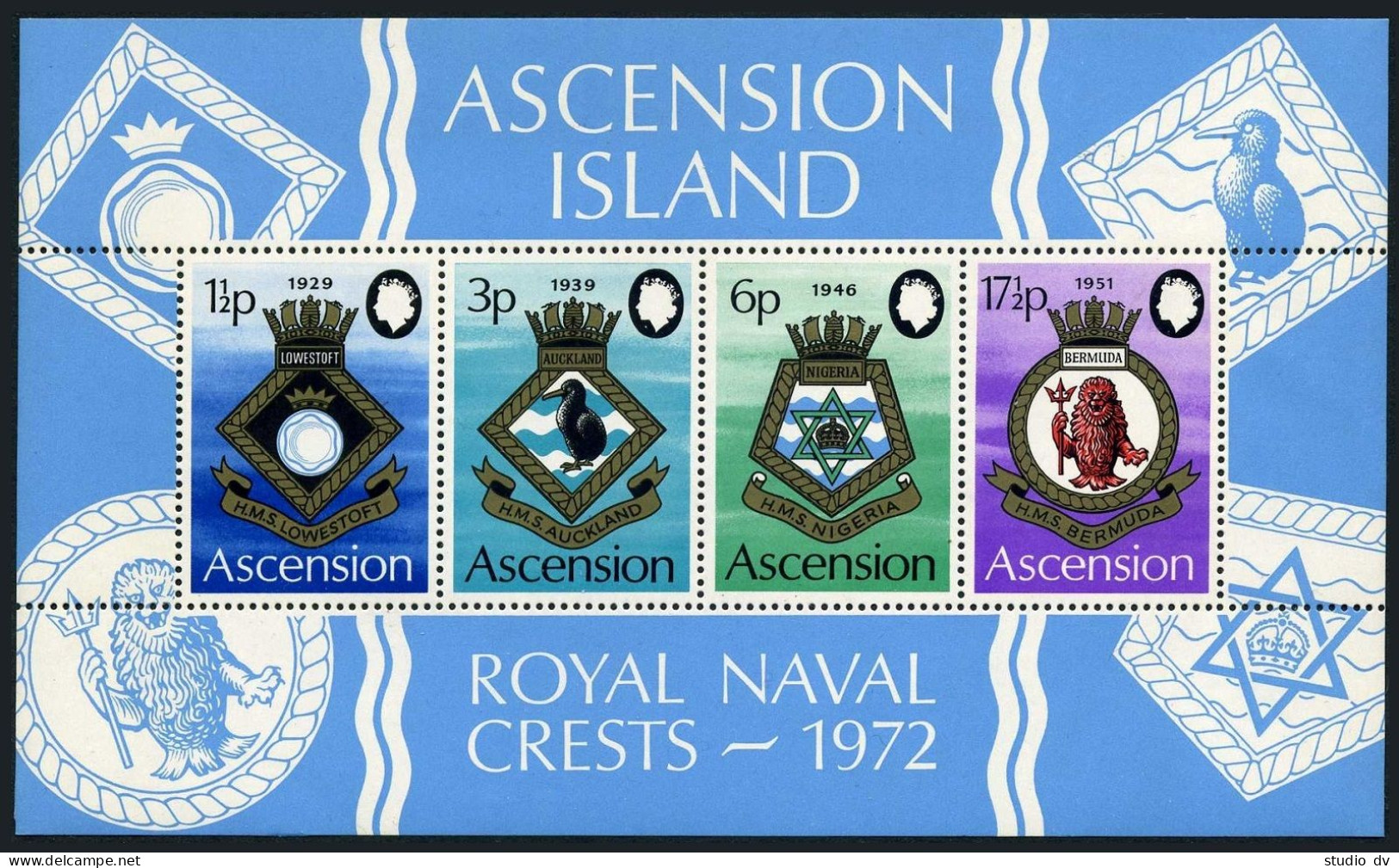 Ascension 156-159, 159a, MNH. Michel 156-159, Bl.4. Naval Arms 1972. Lion, Bird. - Ascension (Ile De L')