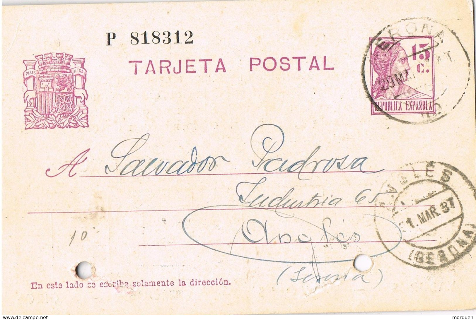 55159. Entero Postal GERONA 1937. Guerra Civil, Sin CENSURA. Impresion Comercial Privada - 1931-....