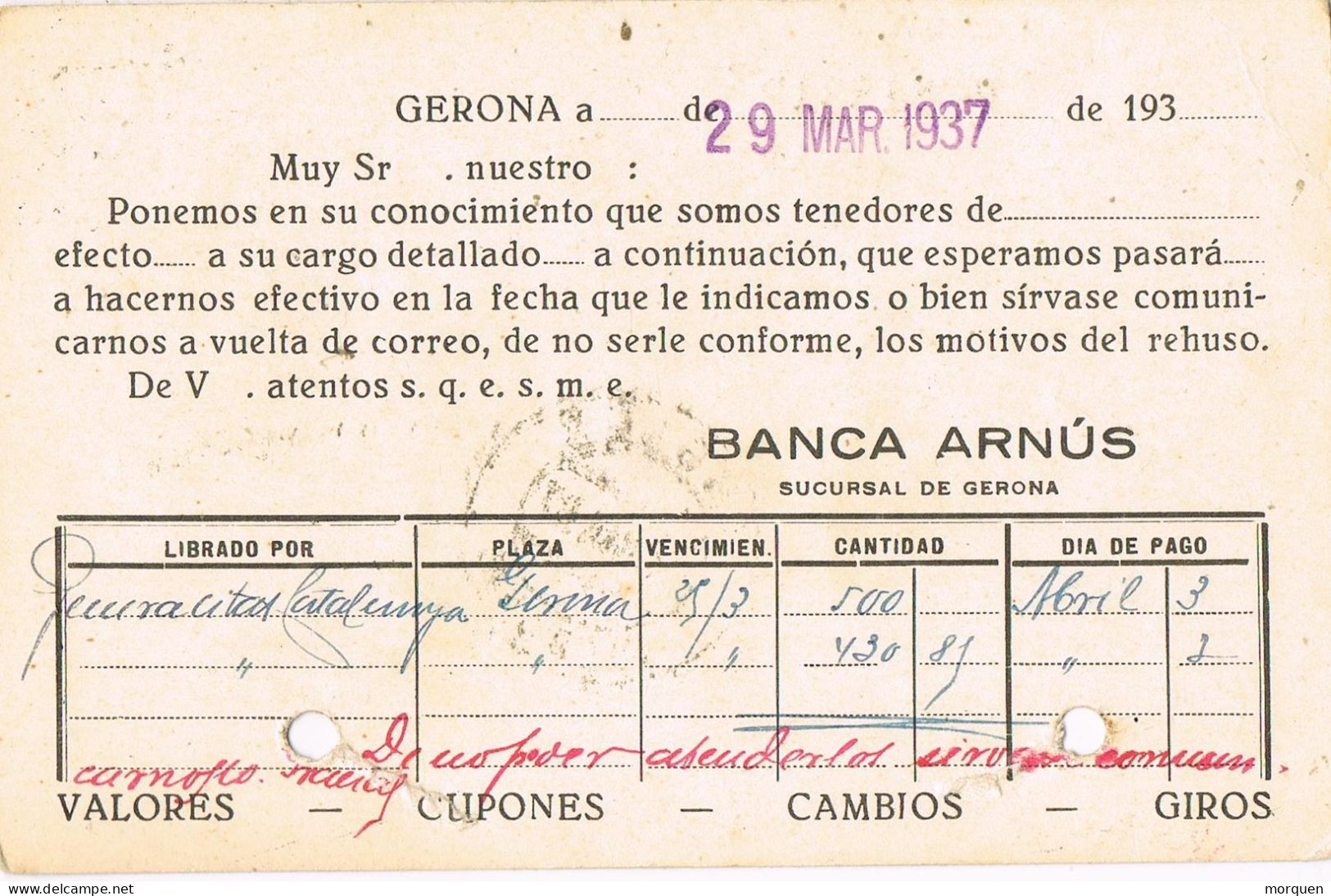 55159. Entero Postal GERONA 1937. Guerra Civil, Sin CENSURA. Impresion Comercial Privada - 1931-....