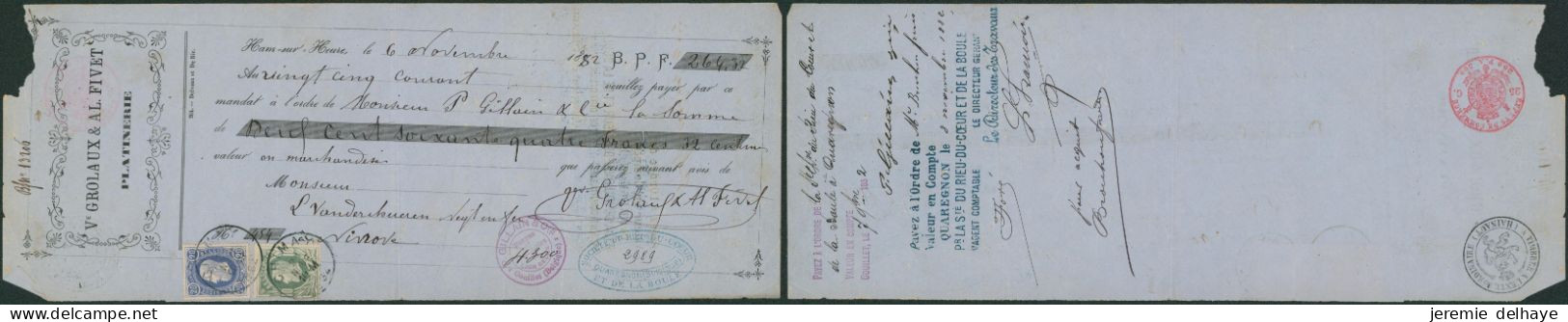 N°30 Et 31 Sur Effet De Commerce (Platinnerie, Ham-sur-heure, 1882) + Obl Simple Cercle "Chimay" - 1869-1883 Leopoldo II