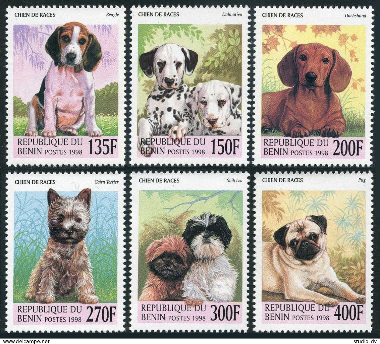 Benin 1087-1092,1093,MNH. Dogs 1998. Beagle,Dalmatian,Dachhund,Cairn Terrier,Pug - Benin - Dahomey (1960-...)