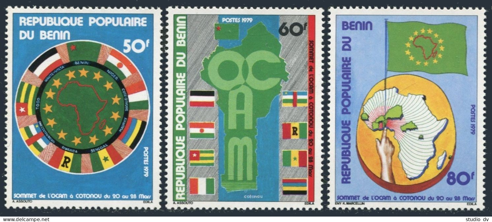 Benin 427-429, MNH. Michel 177-179. Maps Of Africa, Benin. OCAM Flag. 1979. - Benin - Dahomey (1960-...)